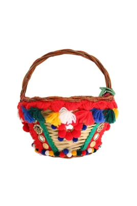 Exotisk Beige Halm & Päls Pom Pom Tote