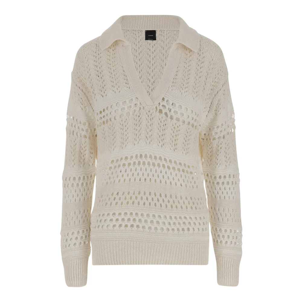 Pinko Geperforeerde V-hals trui met geribbelde zoom White Dames