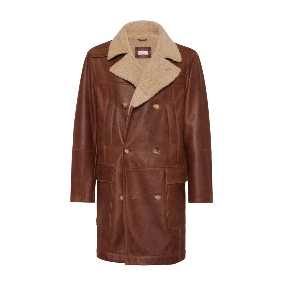 BRUNELLO CUCINELLI Shearling Double-Breasted Jas Brown Heren