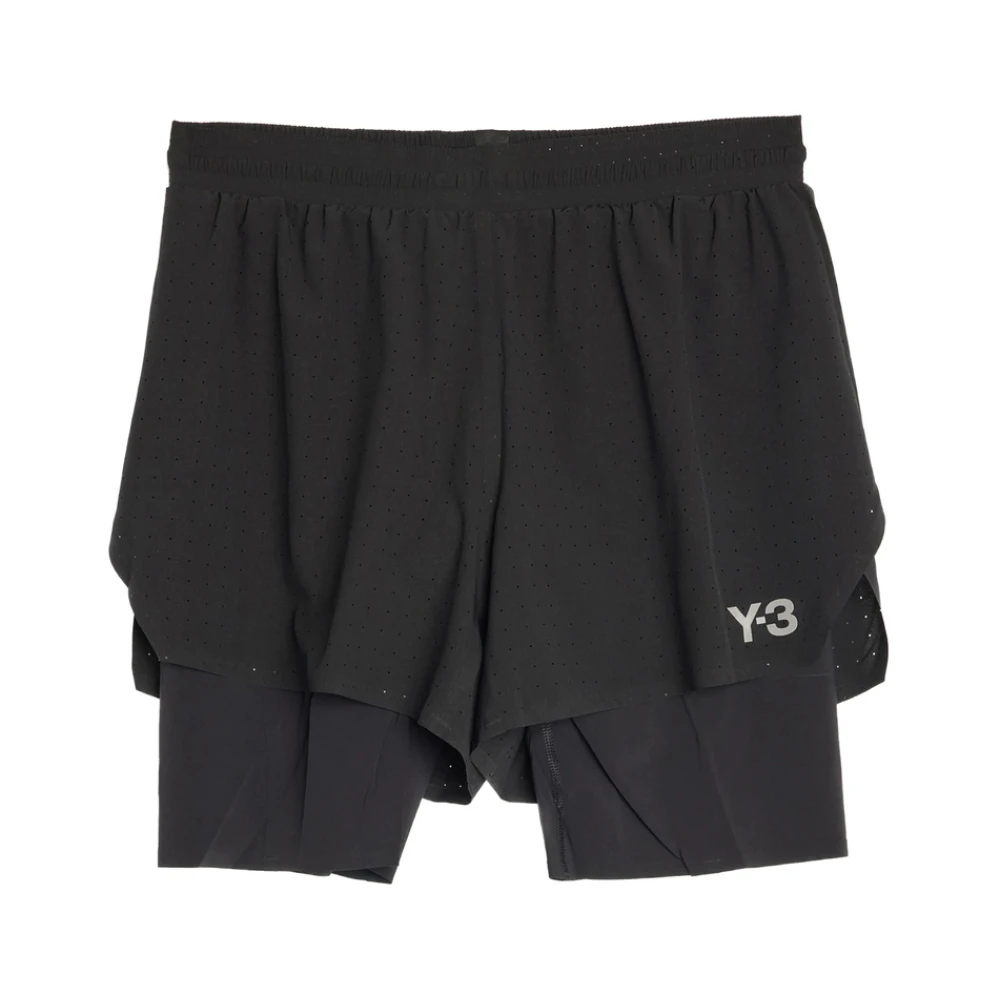 Y-3 Gelaagde Zwarte Geperforeerde Logoprint Shorts Black Heren