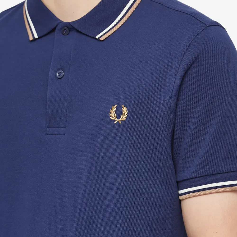 Fred Perry Slim Fit Twin Tipped Polo in French Navy Ecru Warm Stone Blue Heren