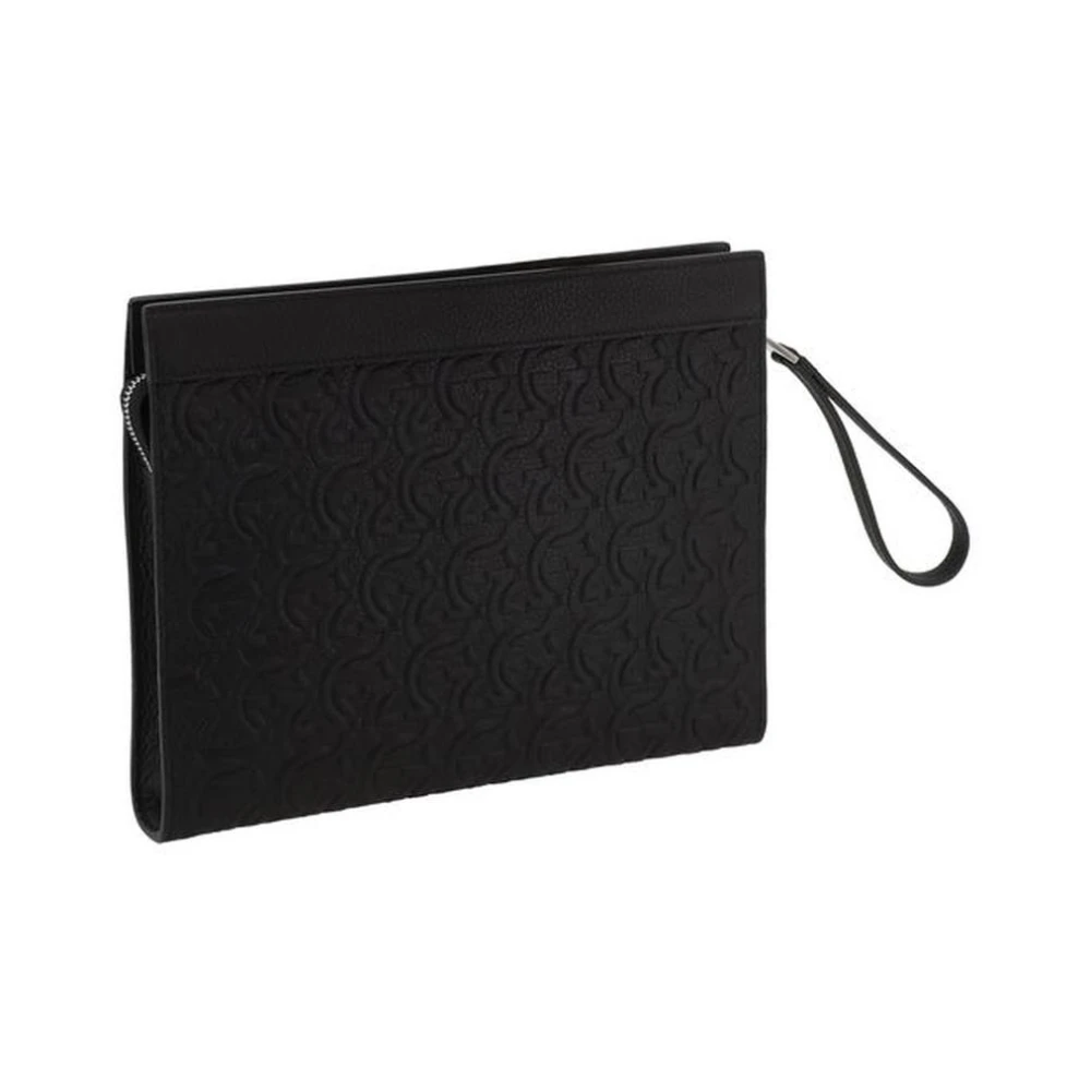 Salvatore Ferragamo Elegante Leren Clutch met Gancini Textuur Black Heren