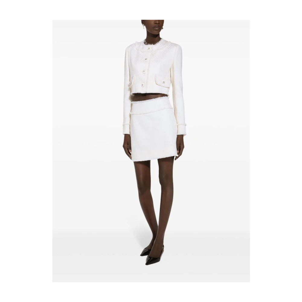 Dolce & Gabbana Witte Tweed Raffelrand Rok Beige Dames