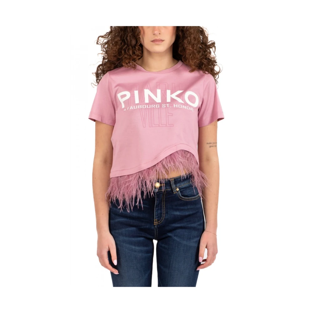 Pinko Roze Orchidee Crop T-Shirt met Veerprint Pink Dames