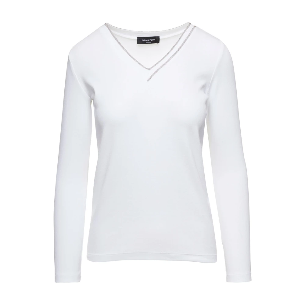 Fabiana Filippi Geribbeld Jersey V-Hals T-Shirt met Schitterend Detail White Dames