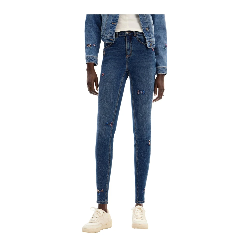 Desigual Bloemversierde Skinny Jeans Blue Dames