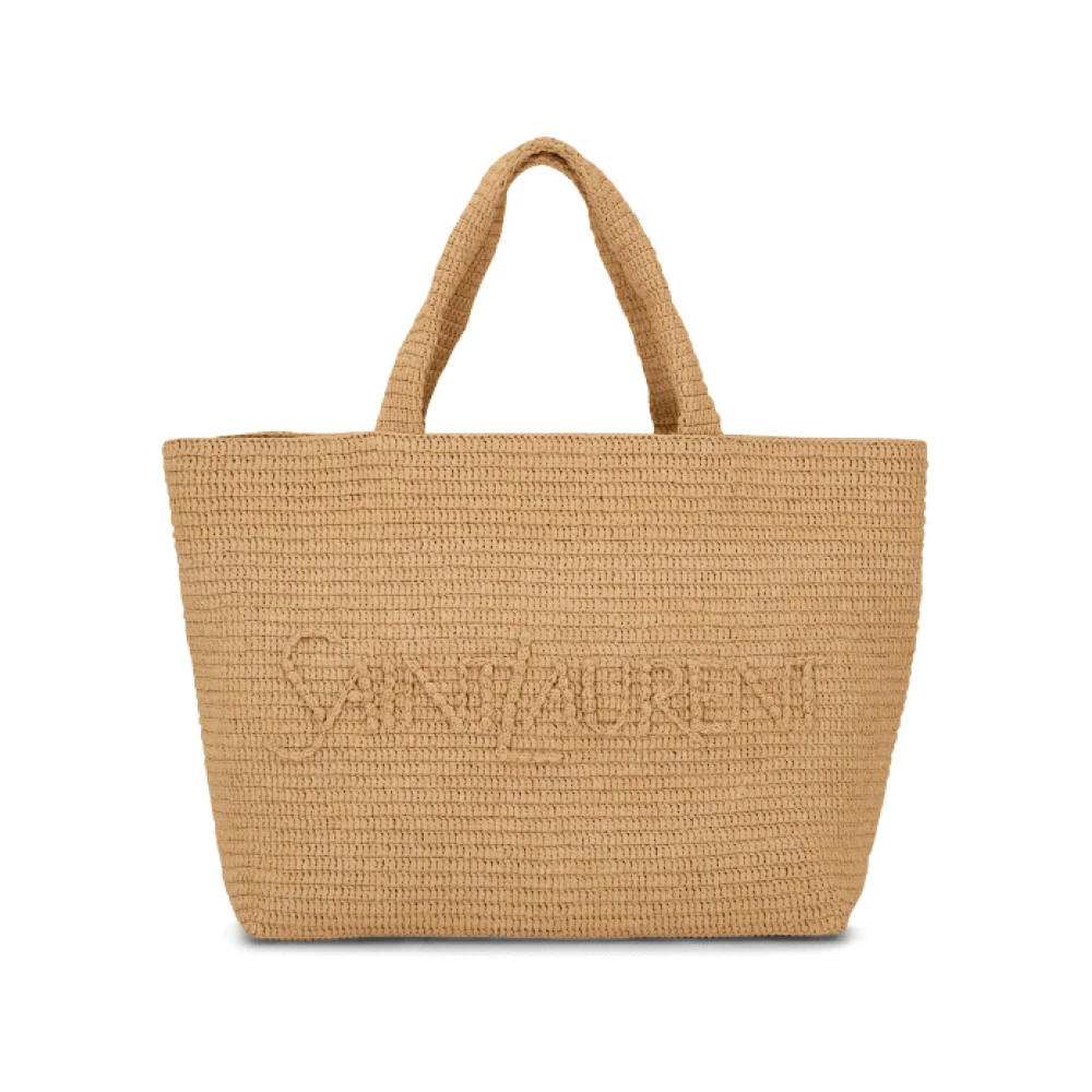 Saint Laurent Rieten Tote Tas met Geborduurd Logo Beige Dames