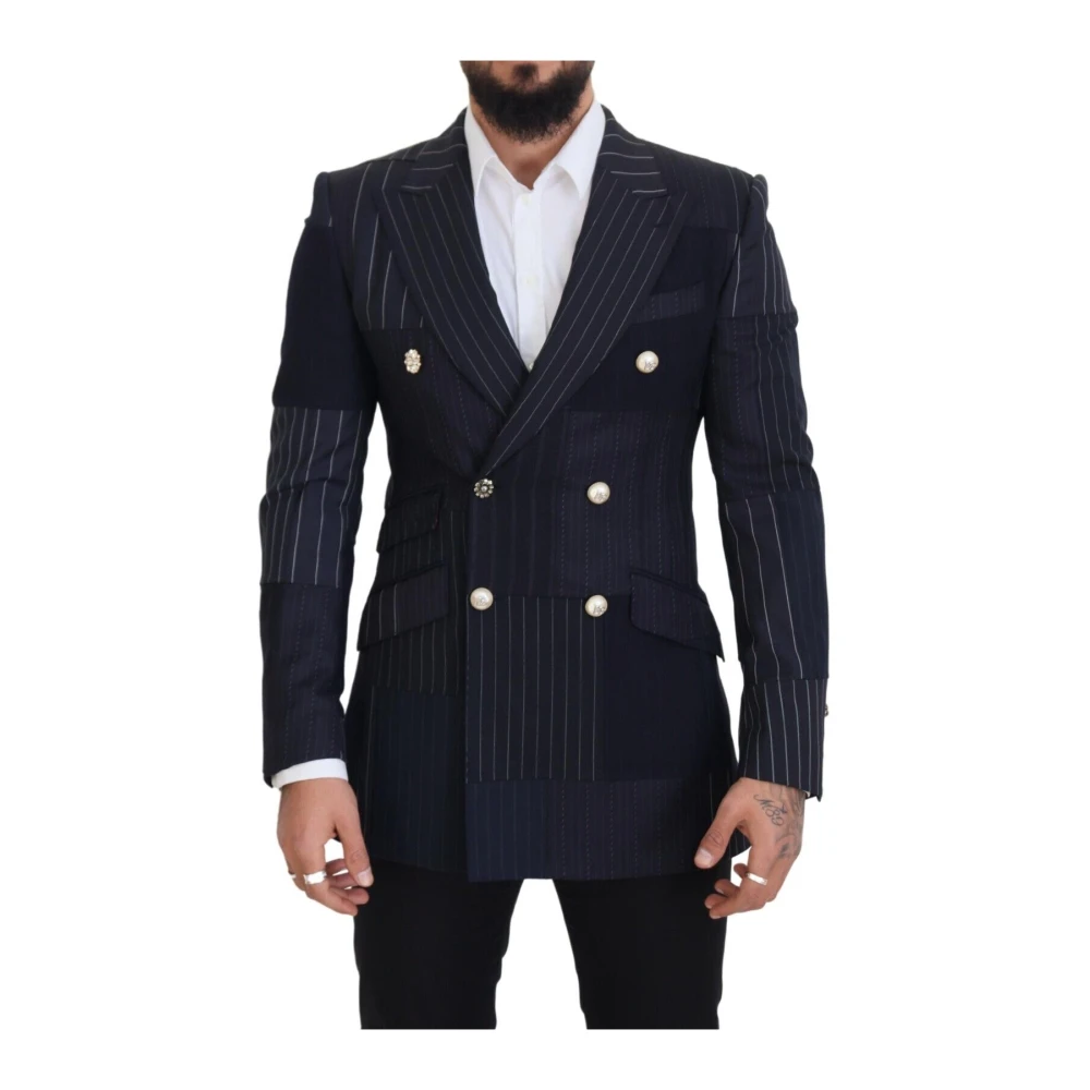 Dolce & Gabbana Men's Blue Formal Blazers,, Navy Wool Blend Double Breasted Blazer Medium