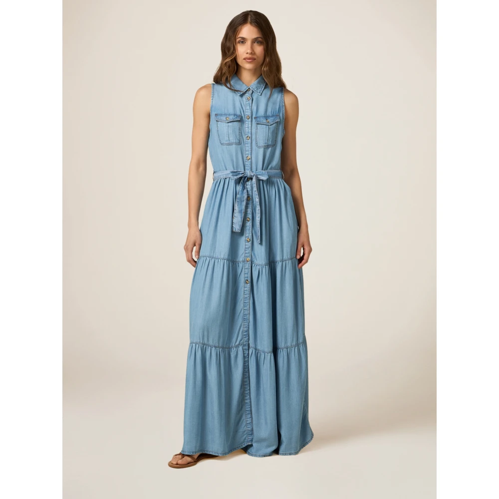 Oltre Tencel Denim-Effekt Jurk met Riem Blue Dames