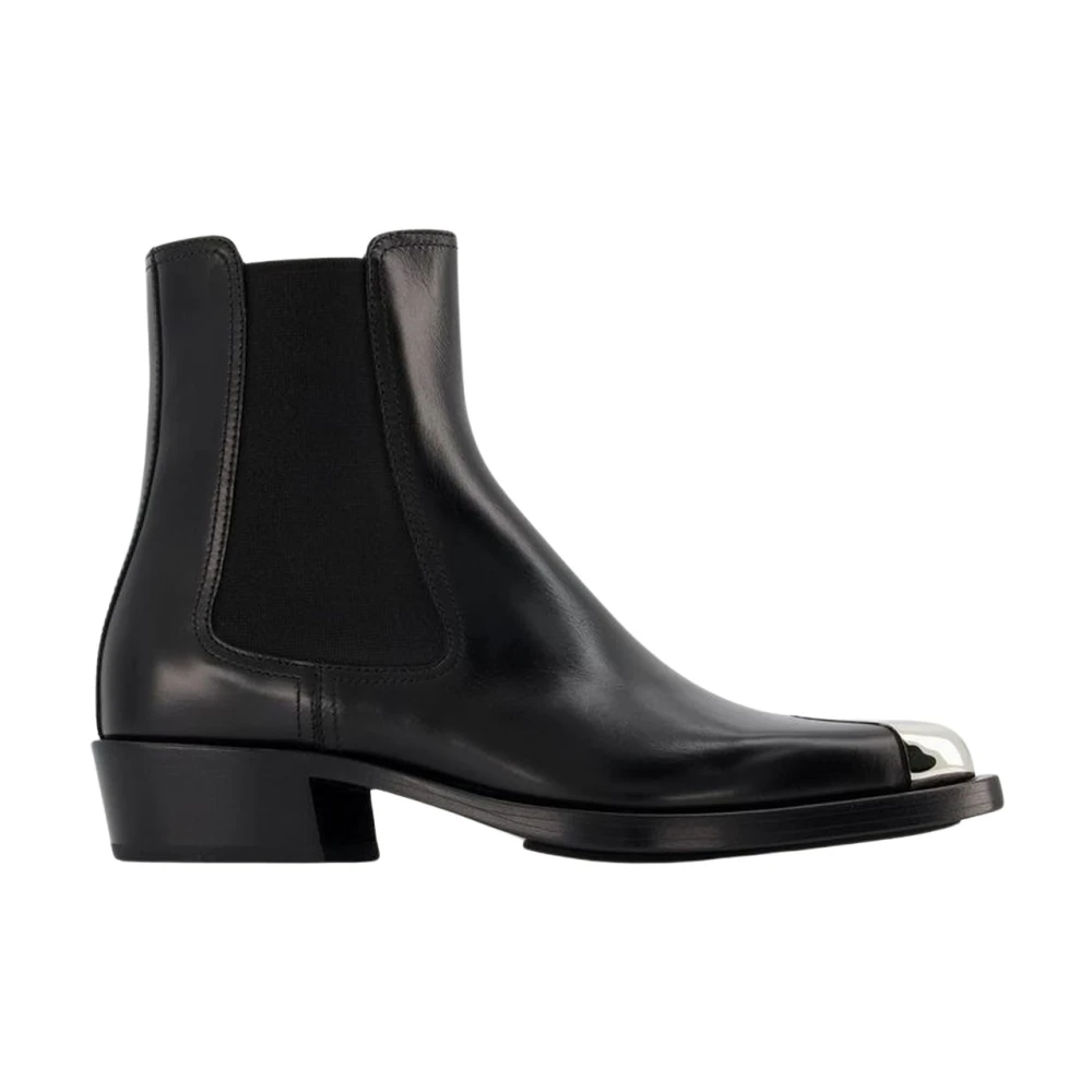 Alexander Mcqueen Women's Black Chelsea Boots, 2 Uk, /Silver Leather Boxcar Boots