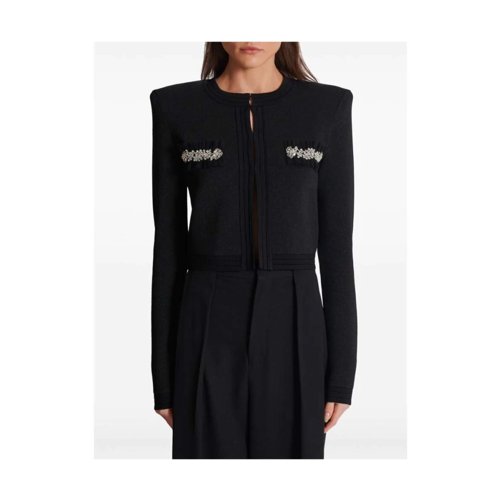 Balmain Zwarte Kristalversierde Gebreide Trui Black Dames