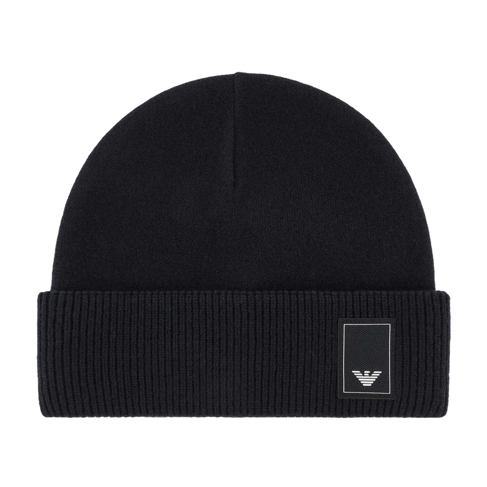 Emporio Armani Mannelijk Zwart Accessoires Heren, M, Wol, Gebreide Logo Patch Muts
