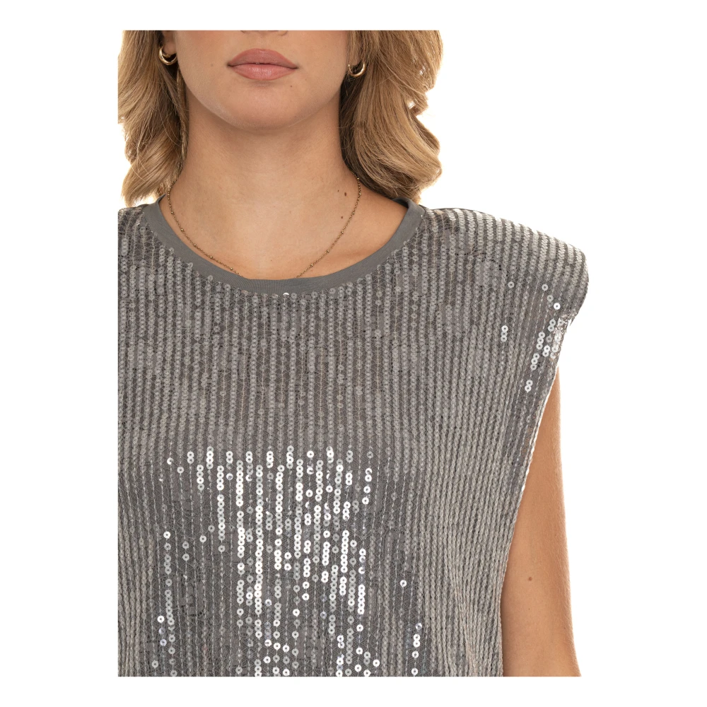 Liu Jo Paillet Ronde hals T-shirt met Gewatteerde Schouders Gray Dames