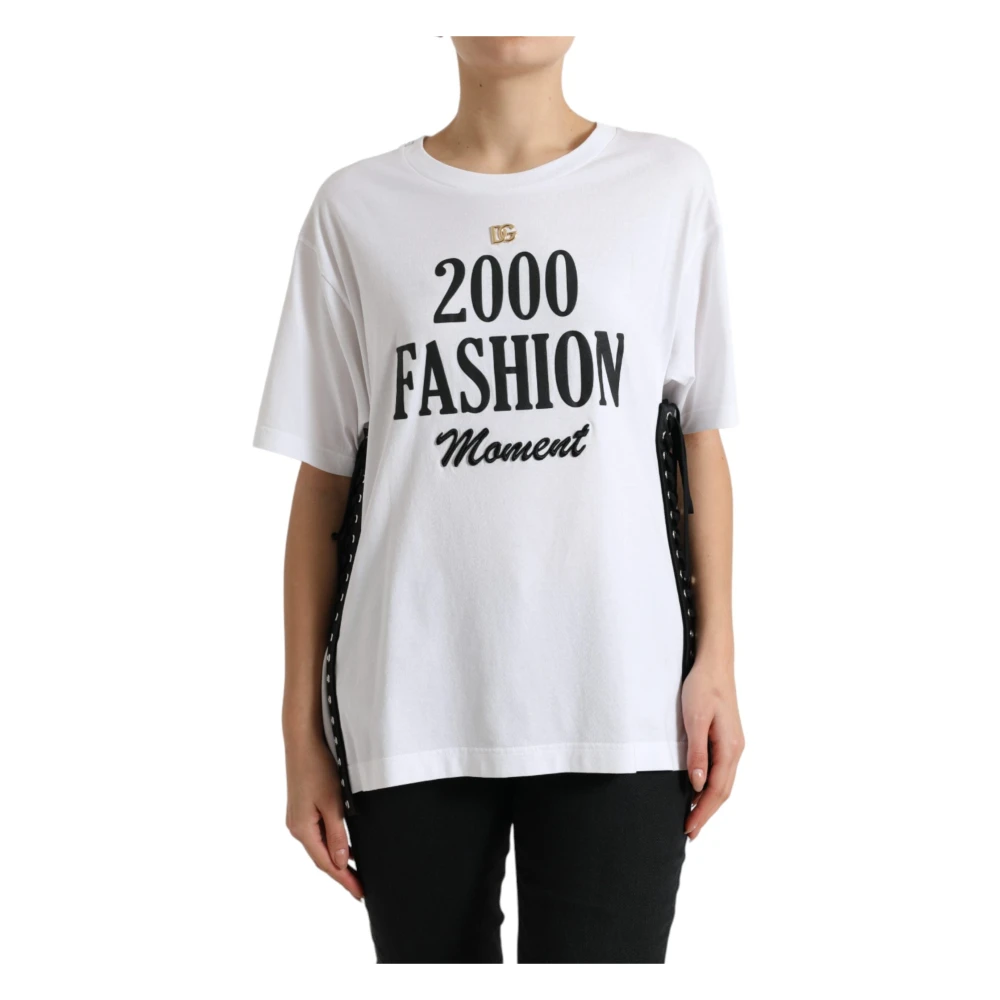 Dolce & Gabbana Kvinno Vit Toppar Dam, 2XS, Bomull, Slogan Print Lacing Detailed T-Shirt