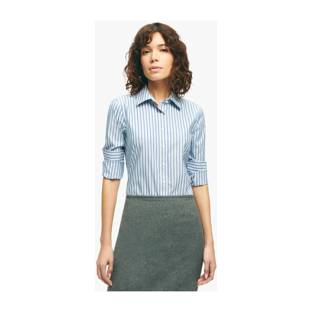 Brooks Brothers Strakke elastische Supima katoenen overhemd met multistrepen strijkvrij Blue Dames