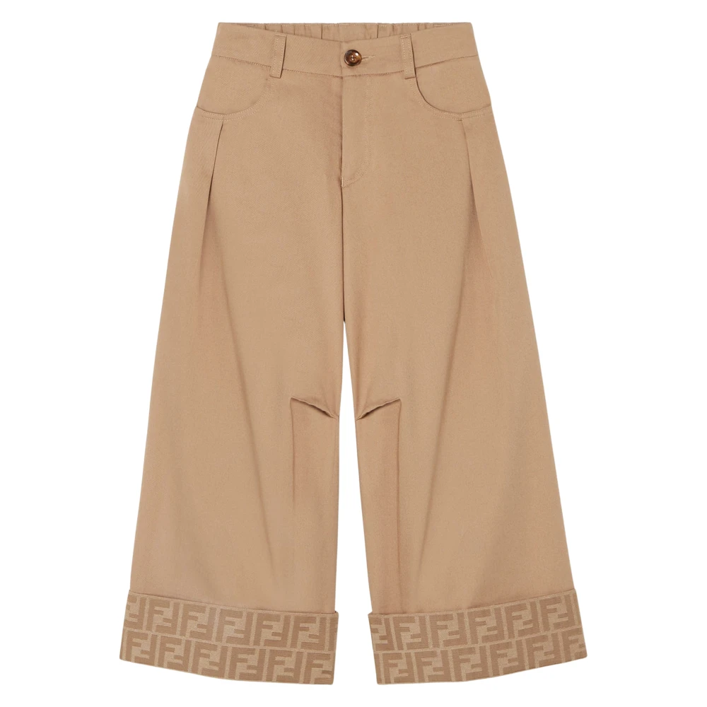 Fendi Girls Beige Trousers, 10 Y, Gabardine Wide Leg Trousers