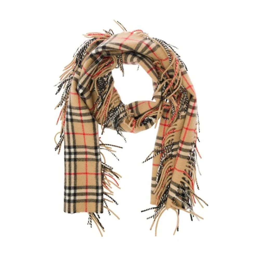 Burberry Geruite Cashmere Sjaal Franje Afwerking Beige Dames