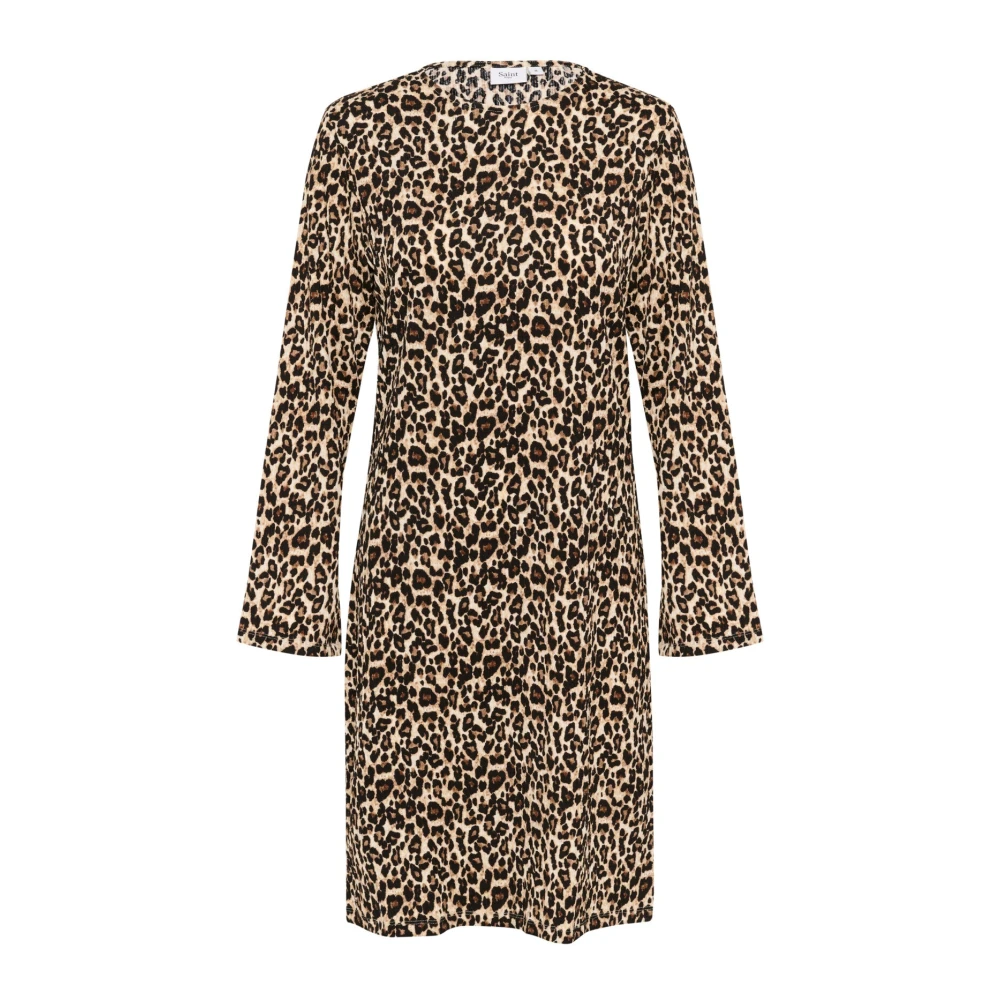 Saint Tropez Women's Brown Short Dresses, L, Black Leopard Print Dress
