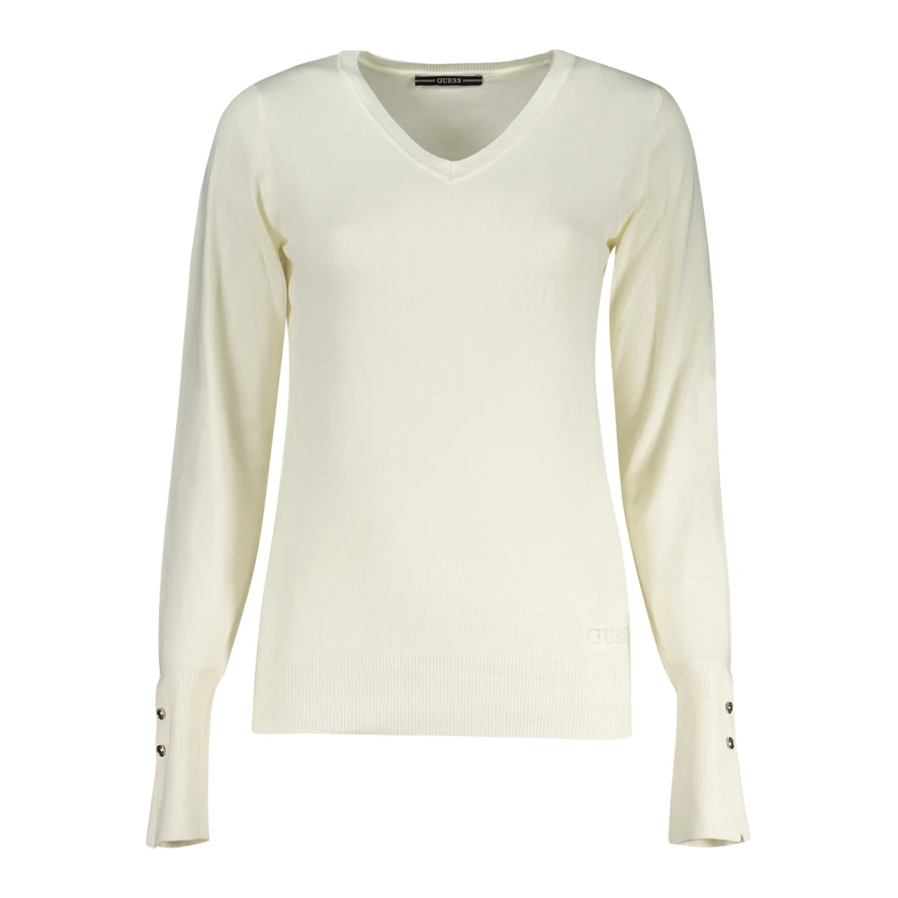 Guess Women's White V-Neck Knitwear, S, Long Sleeved T-Shirt