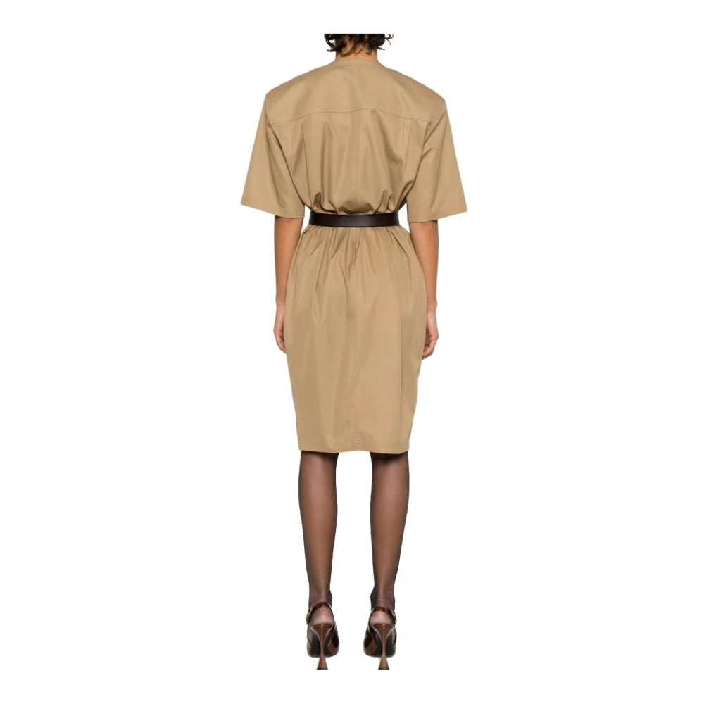 Saint Laurent Katoenen Saharienne Jurk met V-hals Beige Dames