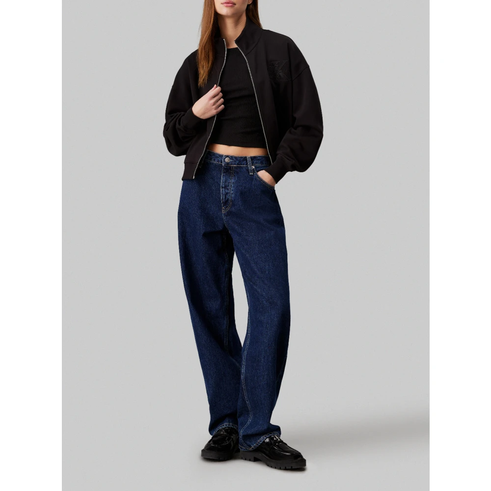 Calvin Klein Jeans Zwarte trui met satijnen logo applicatie Black Dames