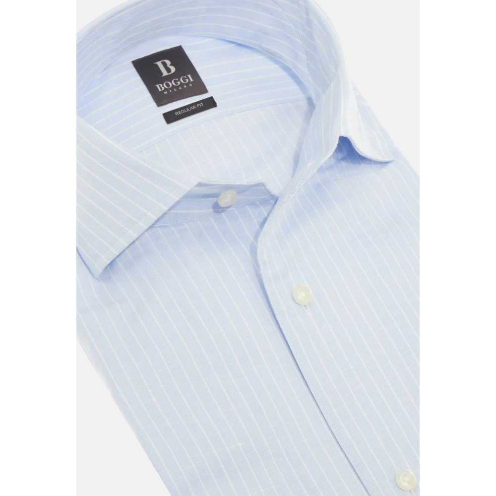 Boggi Milano Regular Fit Gestreept Katoen en Linnen Overhemd Blue Heren