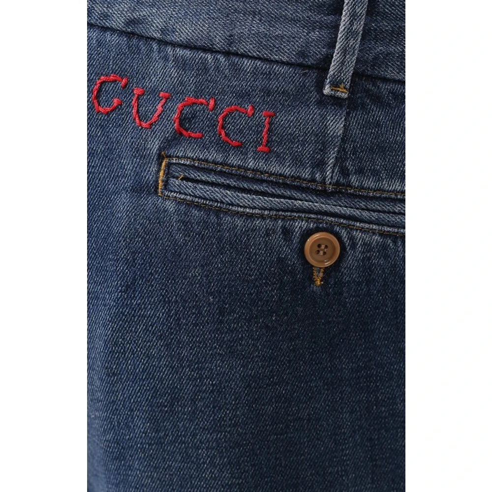 Gucci Donkerblauwe Denim Chino Broek met Rode Logo Borduursel Blue Heren