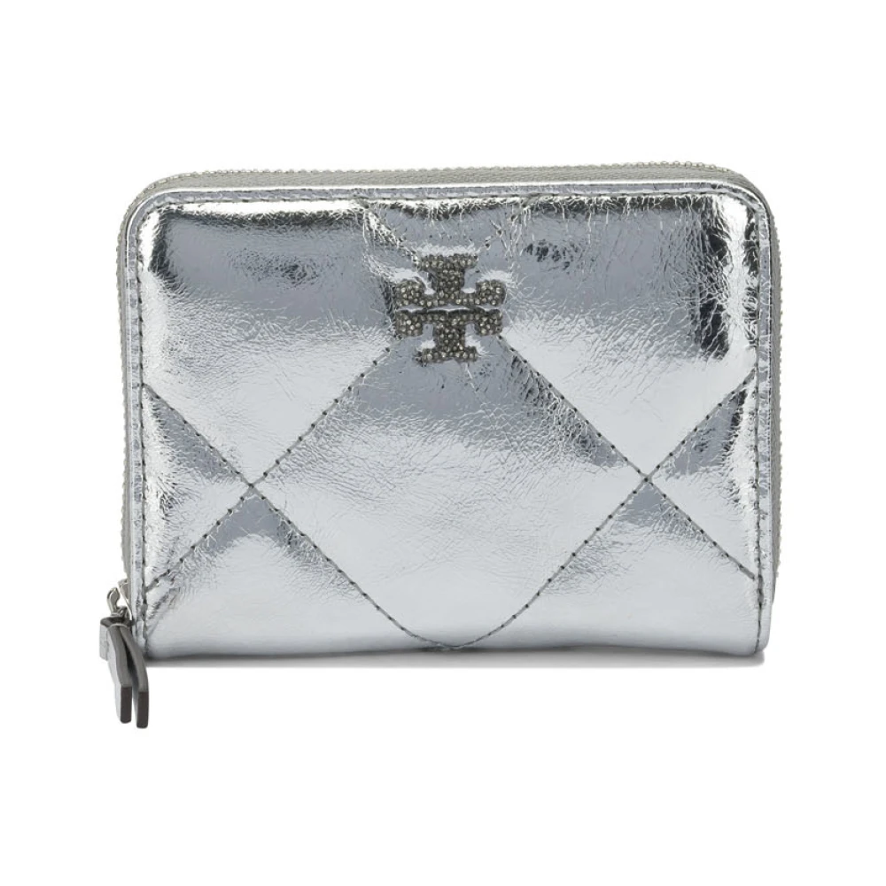 Tory Burch Women's Gray Wallets & Cardholders, One Size, Small Kira Diamond Quilt Metallic Zip-Around Wallet