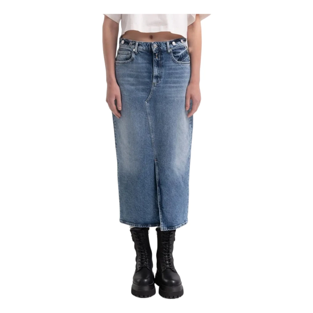 Replay Red Cast Indigo Denim Midi Rok Blue Dames