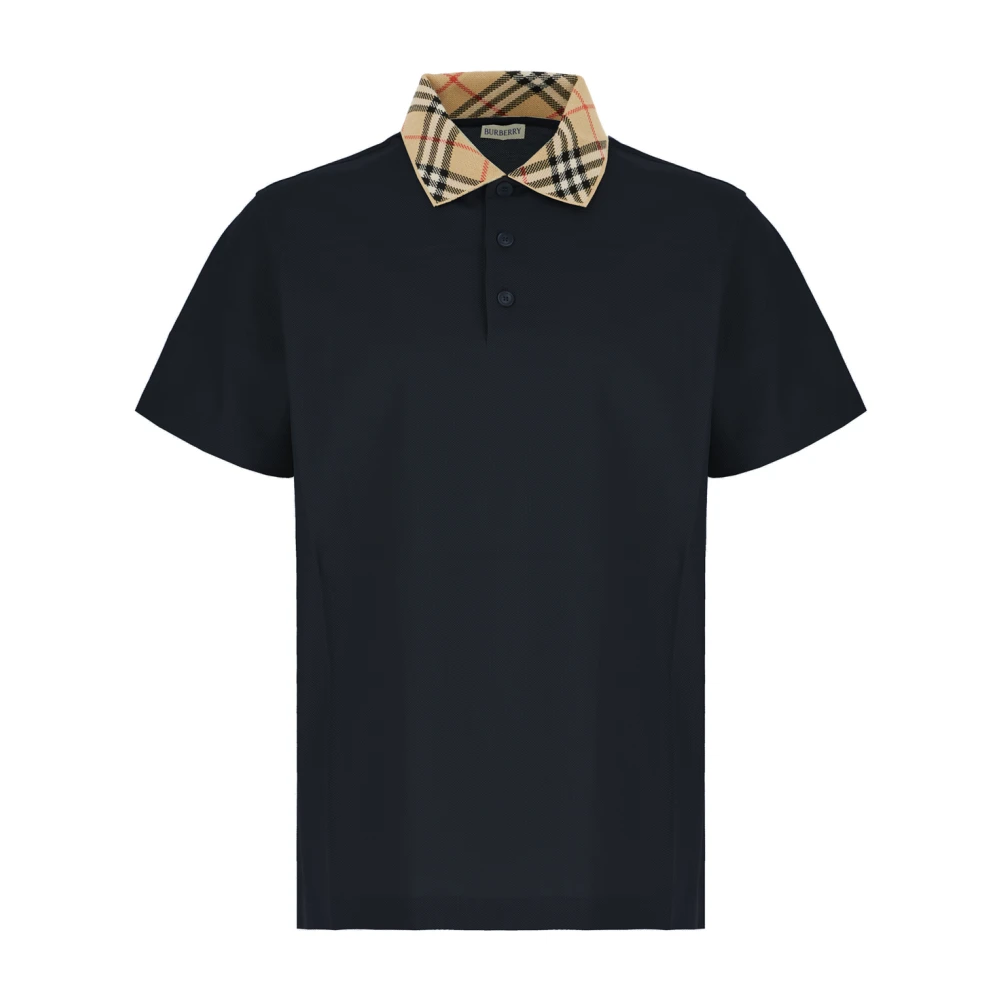 Burberry Check-Collar Cotton Polo Shirt - Male - Polo Shirts - Blue - L - Tops