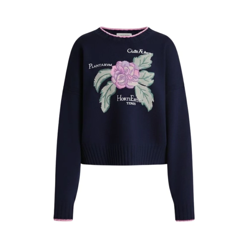 Alberta Ferretti Blue Round-Neck Knitwear, Female, Xs, Herbarium Embroidered Cashmere Jumper