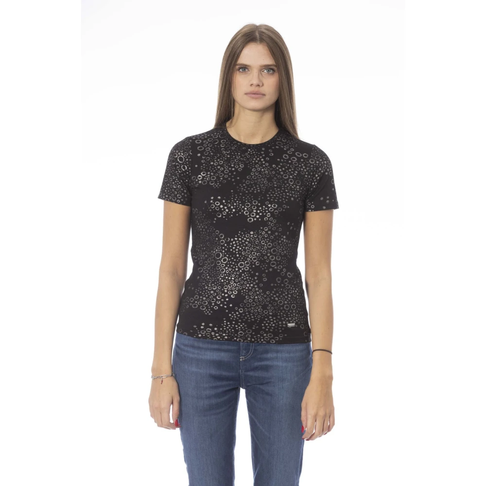 Baldinini Gestreept T-shirt met Metalen Monogram Black Dames