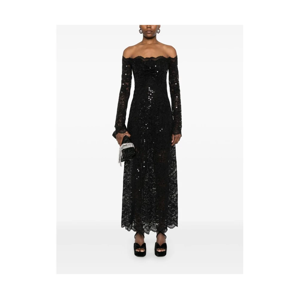 Paco Rabanne Zwarte Kant Paillet Off-Shoulder Jurk Black Dames