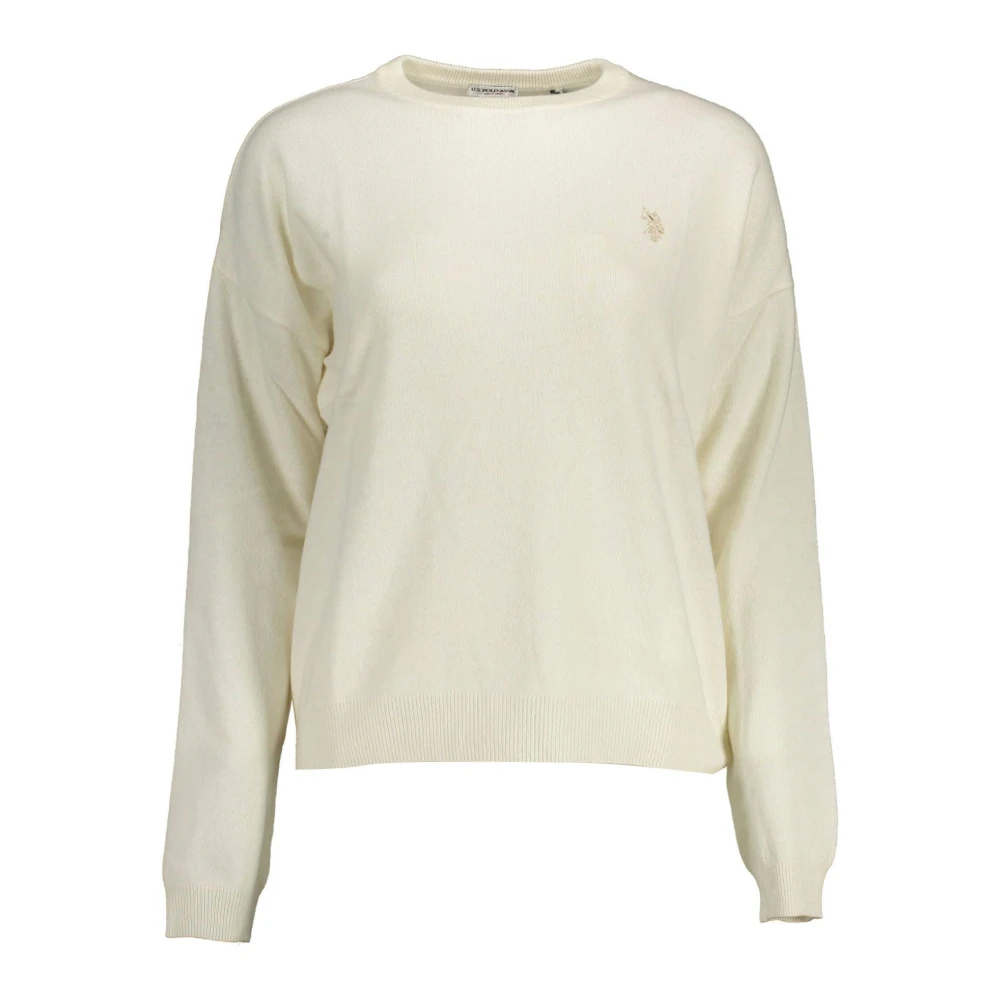 U.s. Polo Assn. Women's White Round-Neck Knitwear, 2XL, Embroidered Logo Wool Shirt