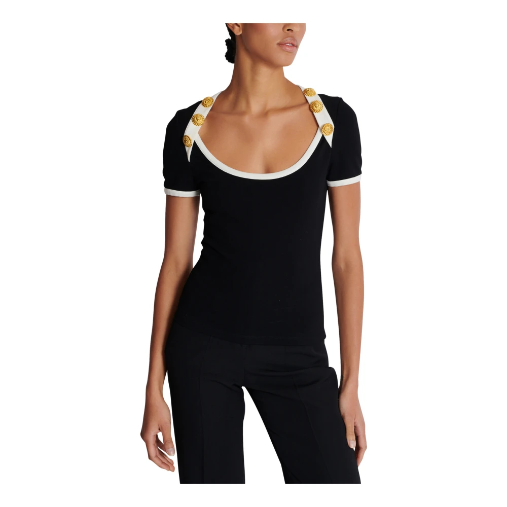 Balmain Twee-tone T-shirt met knoopdetails Black Dames