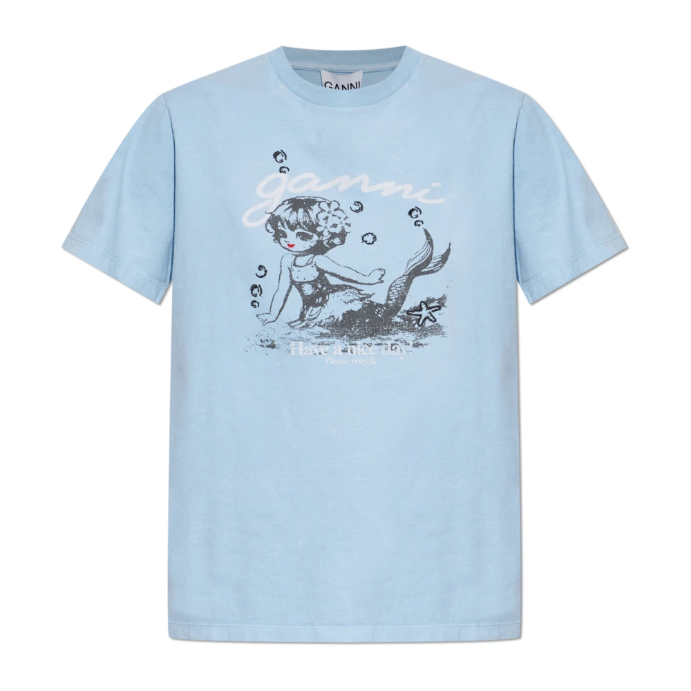 Ganni Blue T-Shirts, Female, L, T-Shirt With Print