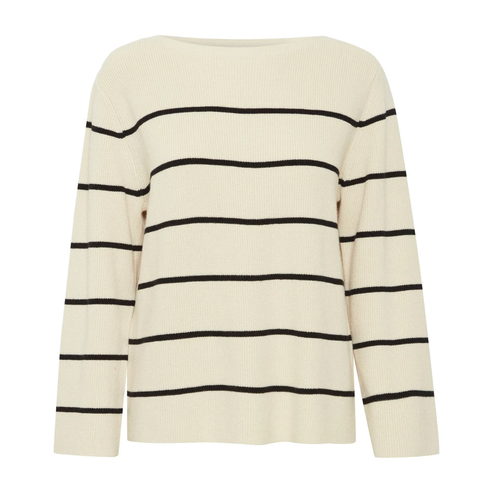 Ichi Beige Round-Neck Knitwear, Female, L, Striped Almond Milk Knit Jumper
