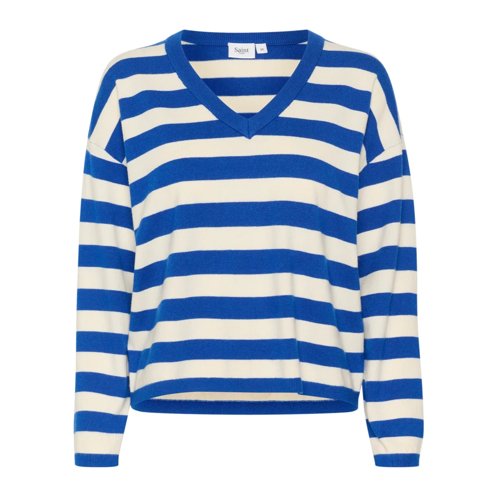 Saint Tropez Gestreepte V-Neck Pullover Trui Surf Blue Dames