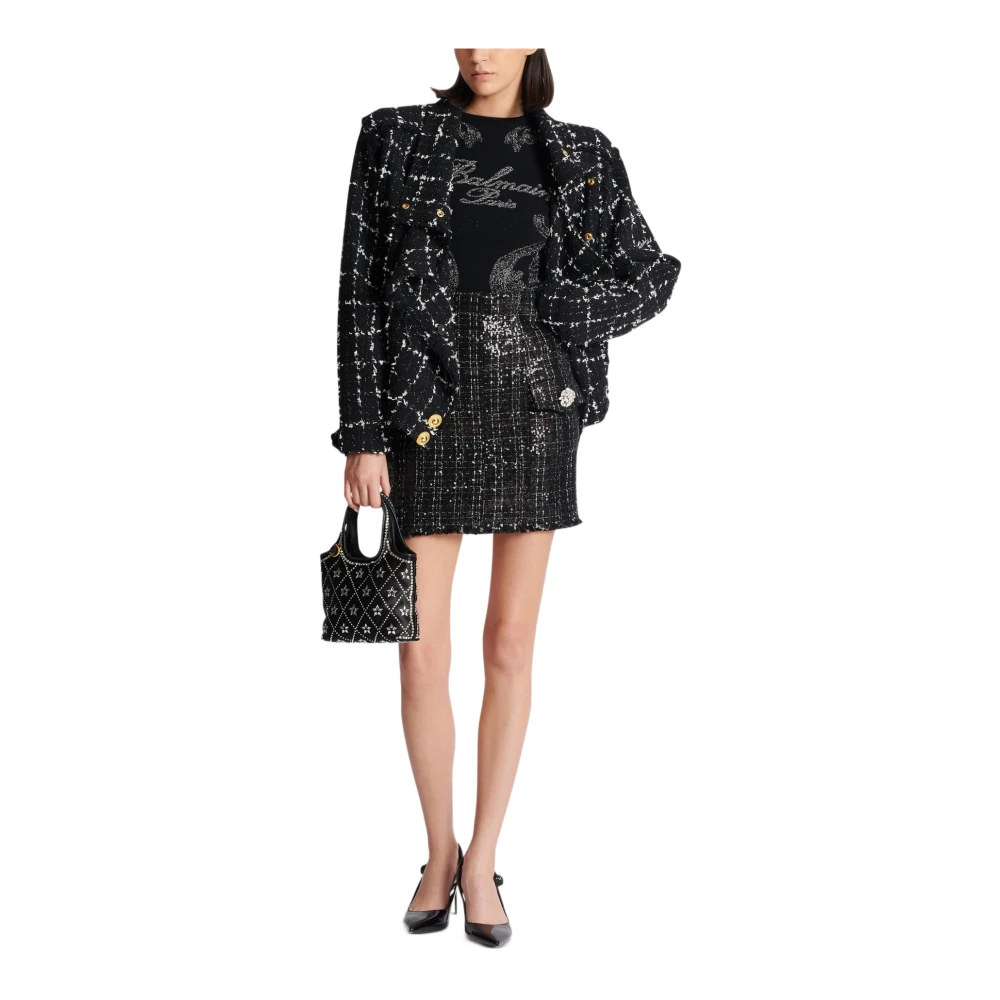 Balmain Paillet Tweed Mini Rok Black Dames