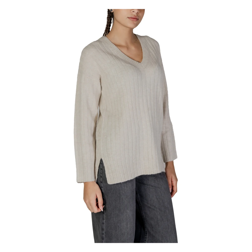 Vila Beige V-hals Gebreide Trui Herfst Winter Beige Dames