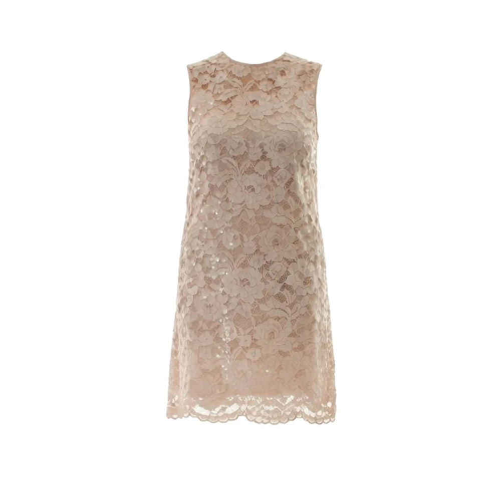 Twinset Women's Beige Party Dresses, L, Short Sleeveless Lace Dress With Sequins