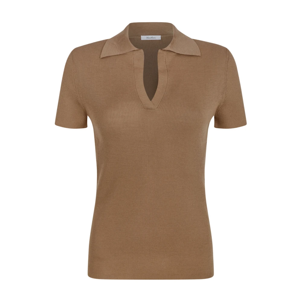 Max Mara Women's Brown V-Neck Knitwear, S, Albero Ribbed Wool Polo Shirt
