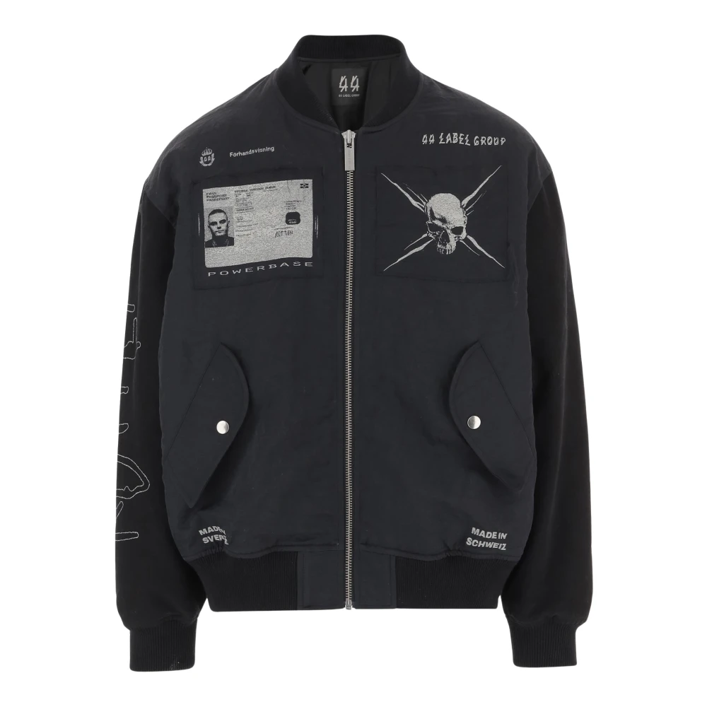 44 Label Group Men's Black Nylon Bomber Jacket Graphic Print