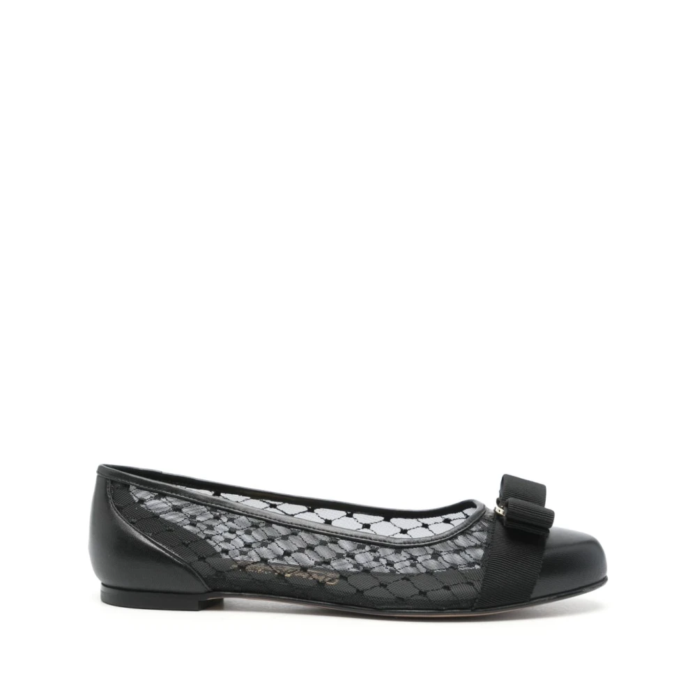 Salvatore Ferragamo Women's Black Ballerinas,, Leather Flat Shoes Gold Logo Size 7 Uk