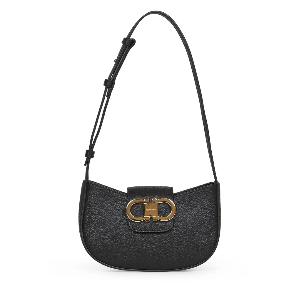 Ferragamo Black Shoulder Bags, Female, One Size, Leather Shoulder Bag With Gancini Ornament