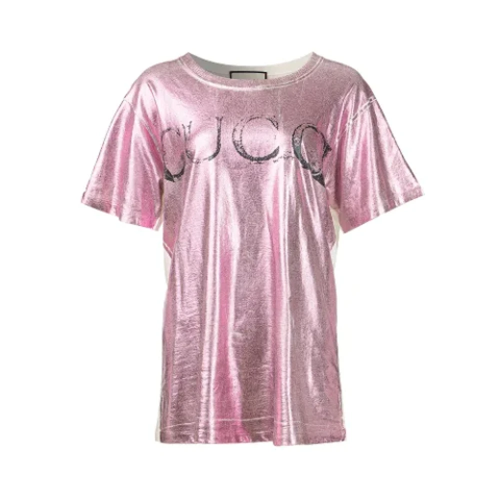 Gucci Vintage Metallic Witte Korte Mouw Top Pink Dames
