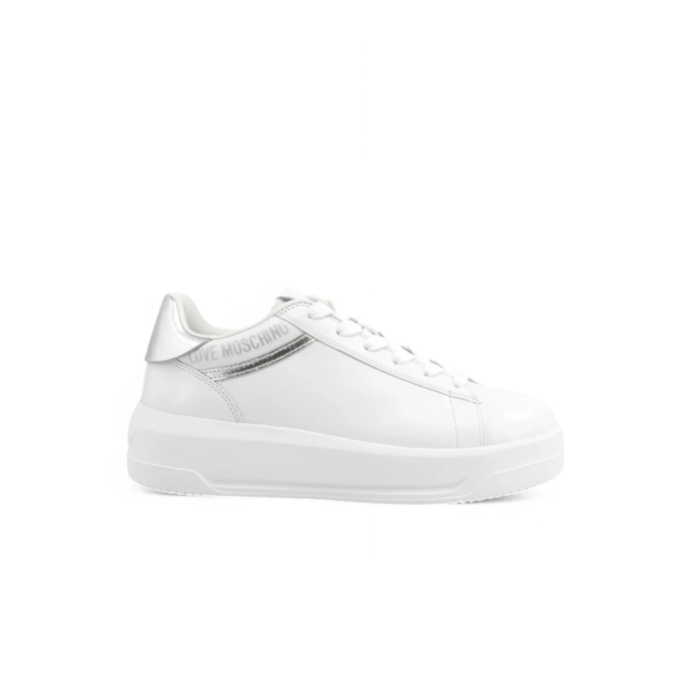 Love Moschino Women's White Sneakers,, And Silver Trainers With Logo Size 7 Uk