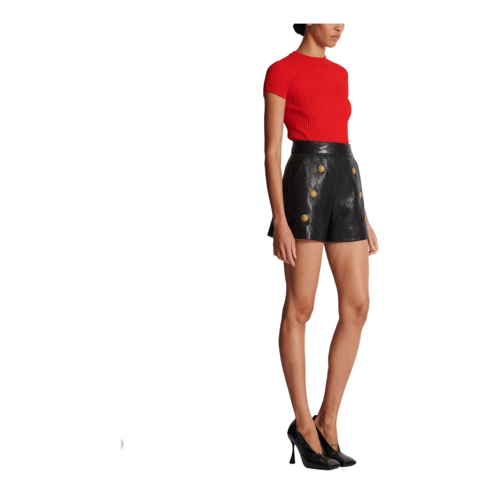 Balmain Gewatteerde leren shorts met 6 knopen Black Dames