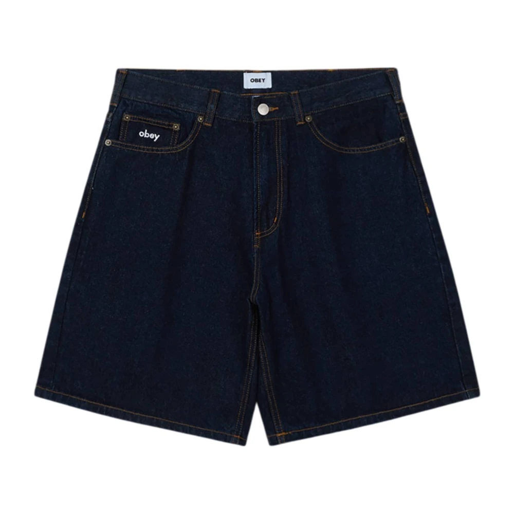 Obey Blue Denim Shorts, Male, W28, Wide Leg Denim Shorts - Rinse Indigo