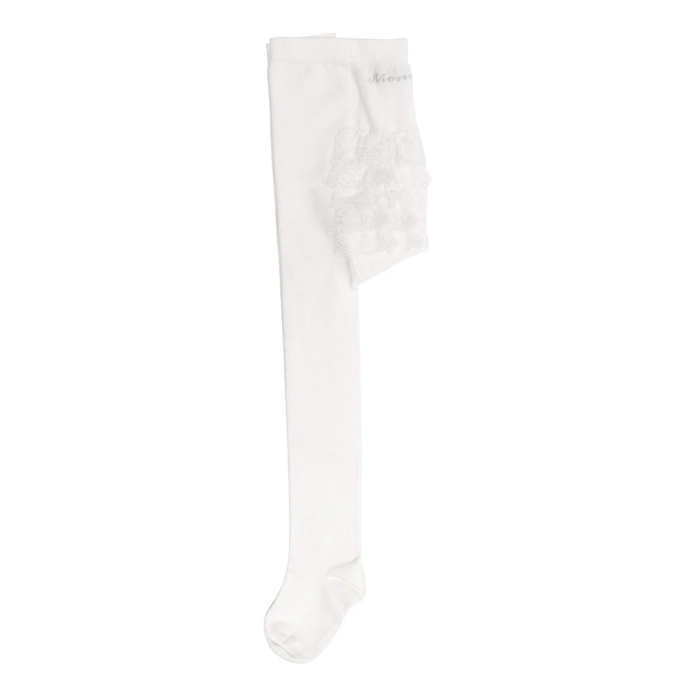 Monnalisa Girls White Baptism Tights With Ruches And Rhinestone Logo - Kids Socks - 3 Y - Kids